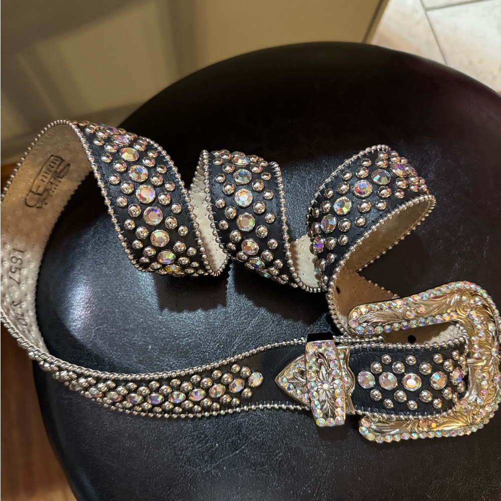 BB Simon Rhinestone Embellished Black Western Belt with Ornate Buckle - Picture 3 of 3